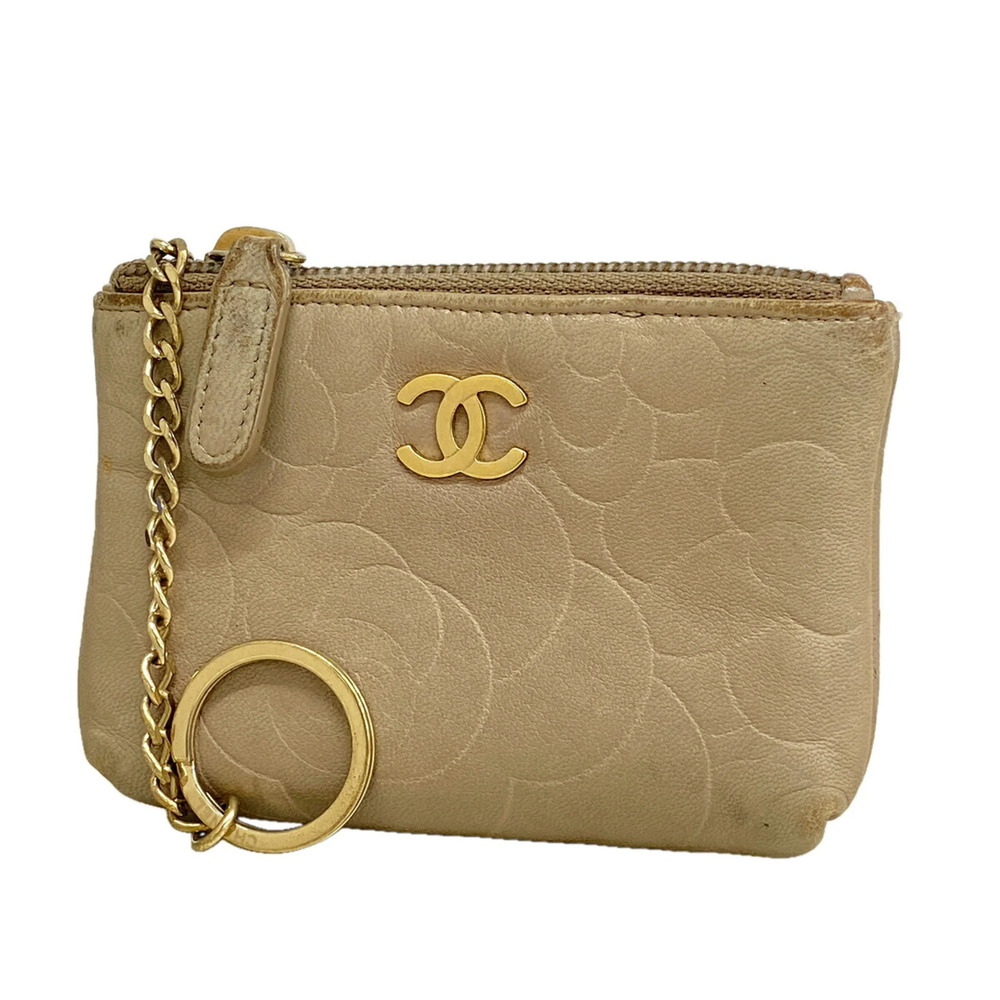 Chanel wallet/coin case, Camellia design, lambskin, beige, women's.